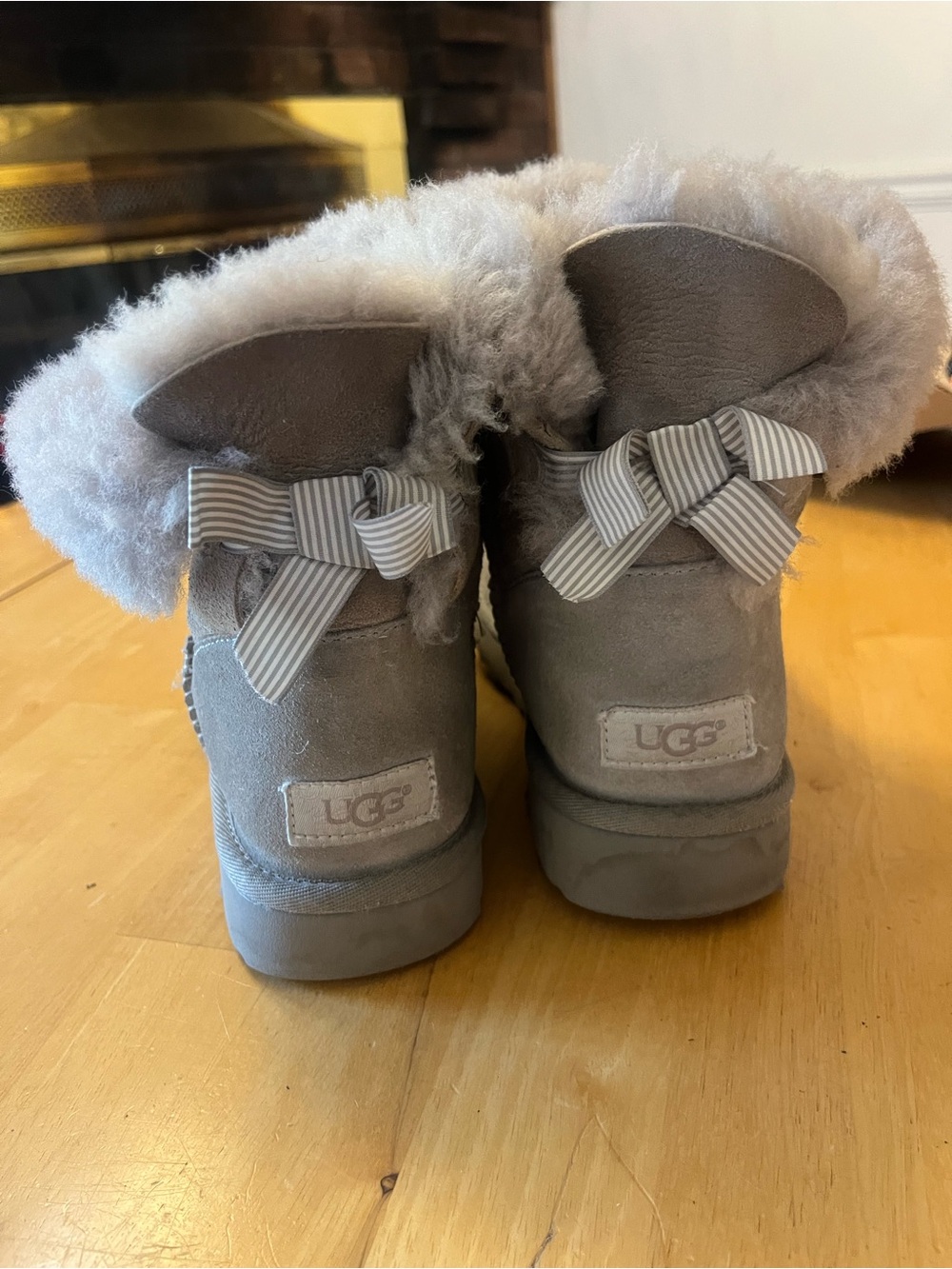 UGG Gray Suede Shearling Ankle Boots with Striped Bow